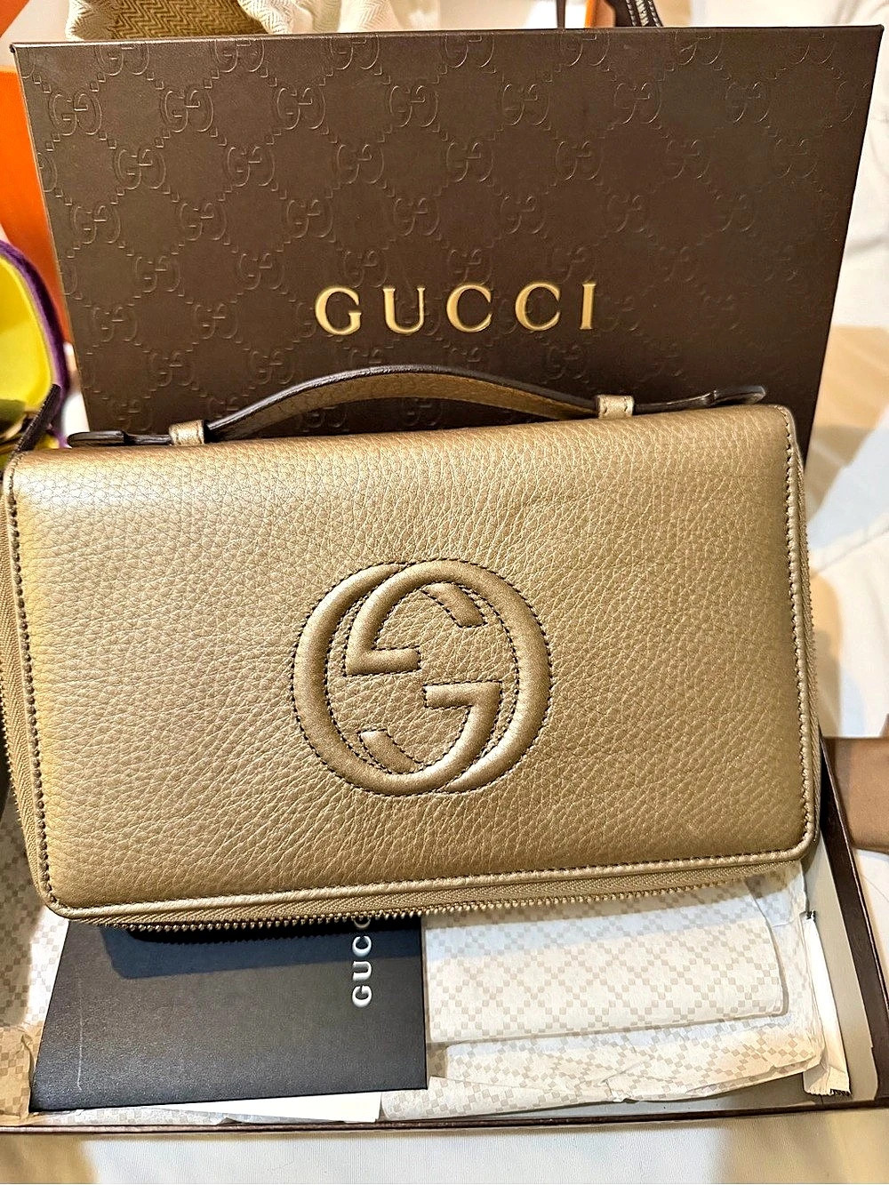 Authentic Gucci Soho Metallic Gold Leather Zip Around Travel Document Wallet